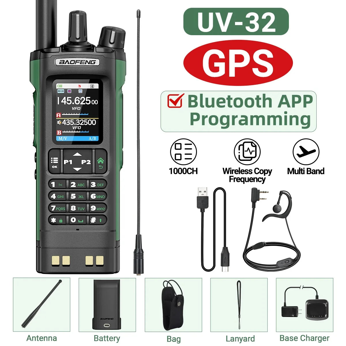UV-32 GPS Walkie Talkie 10W Long Range Multi Band Bluetooth APP Programming Wireless Copy Frequency Type-C Two Way Radio