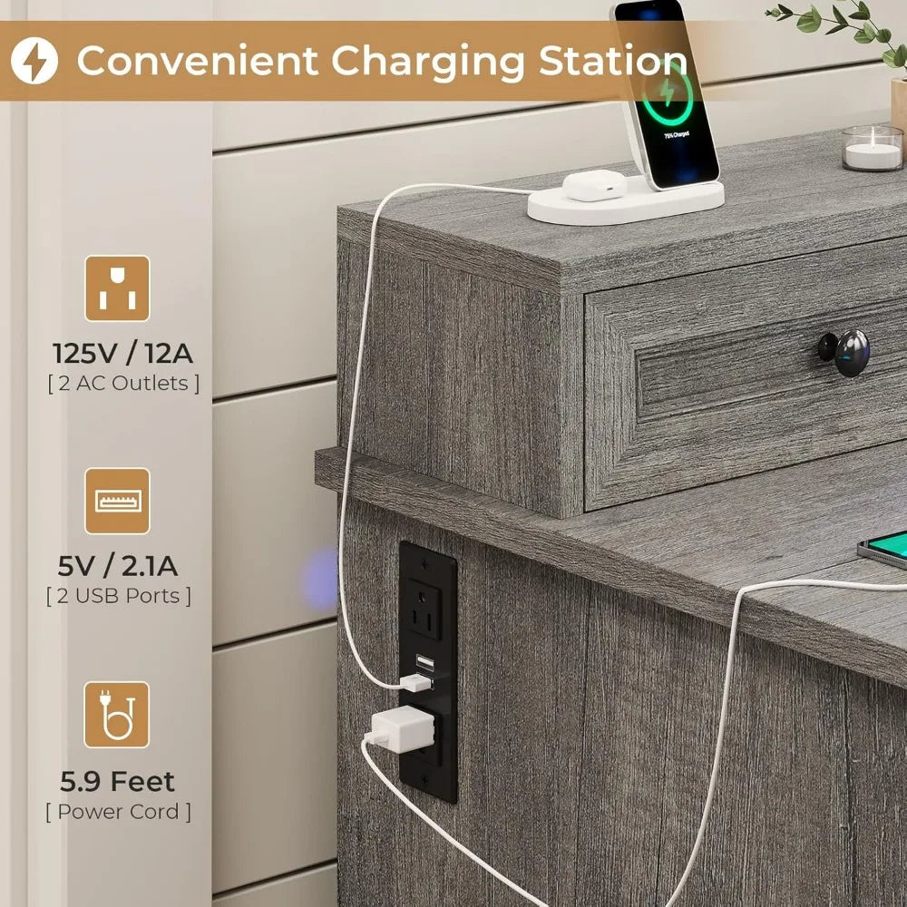 Farmhouse Executive Desk with File Drawer, Computer Desk with Charging Station & LED Lights, Home Office Desk with Drawers & Sto