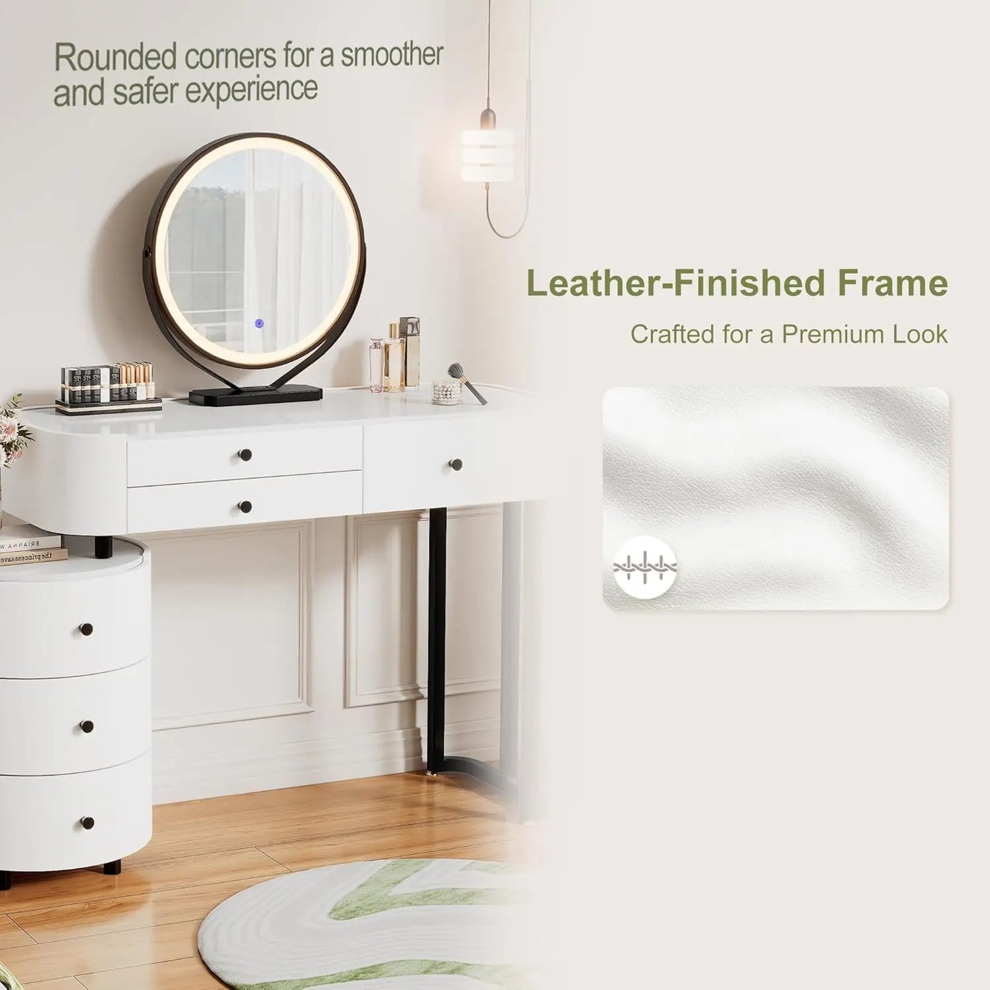 Vanity Desk with Round Mirror and Lights | Small Makeup Vanity with 6 Drawers | Dressing Table Adjustable | Modern, Customized