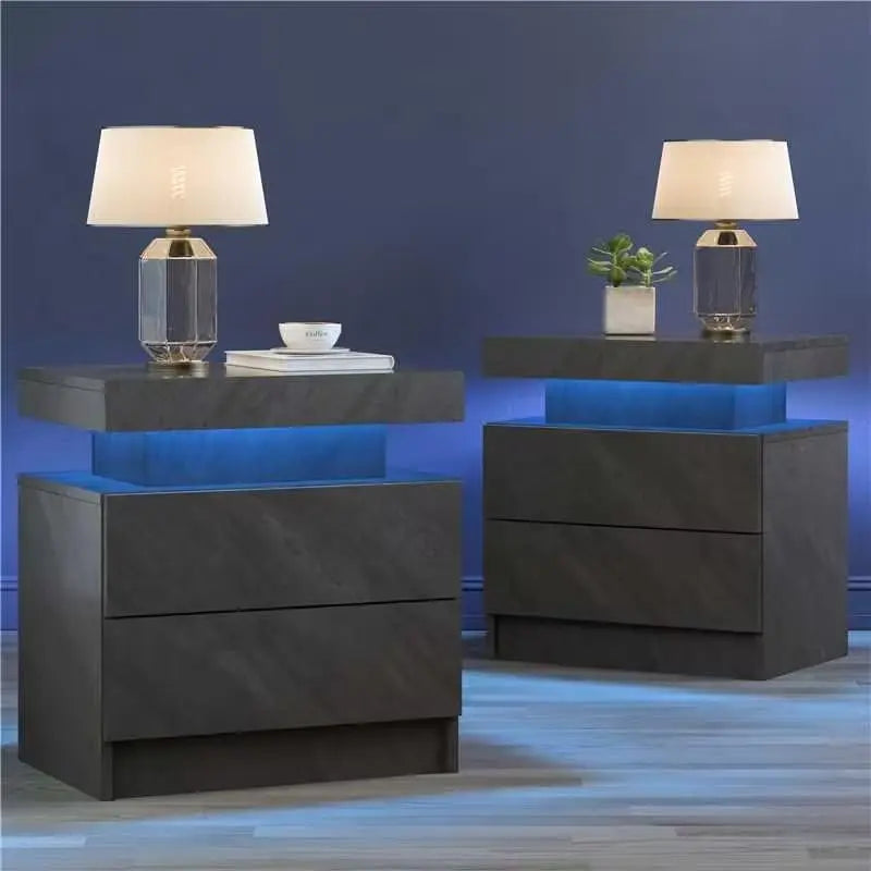 Nightstand LED Set of 2 Black Bedside Table LED Night Stand with LED Lights Modern End Side Table with 2 Drawers for Bedroom