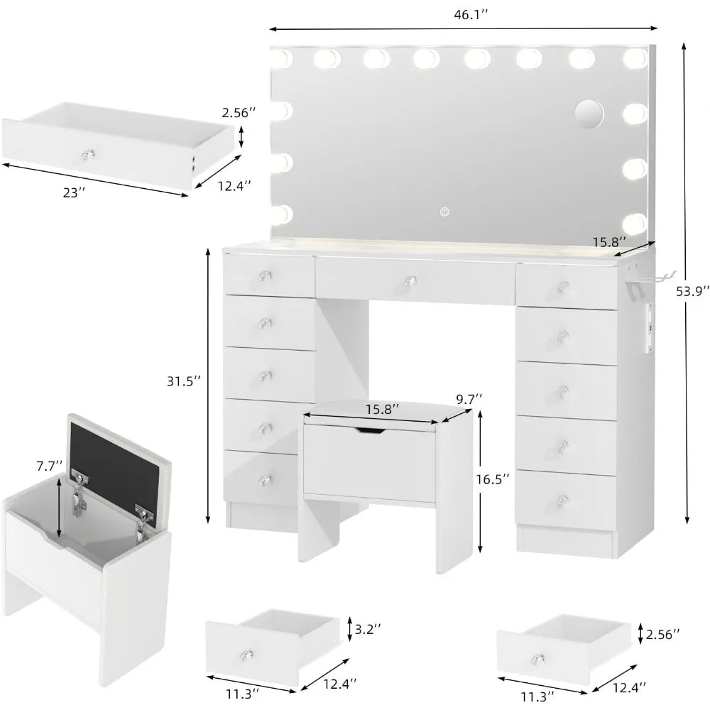 illuminated glass vanity desk with 11 drawers and 3 adjustable light modes