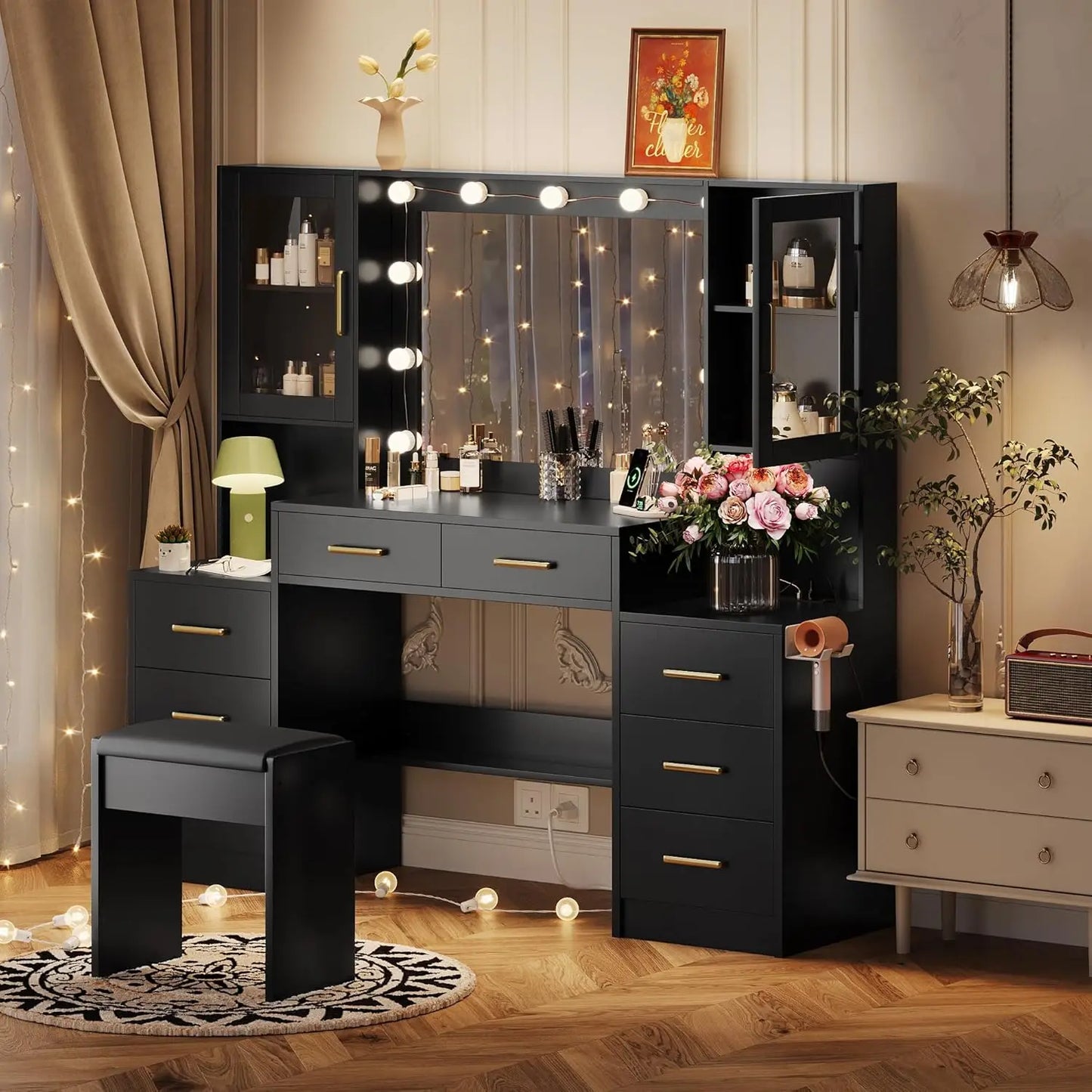 58.3" Makeup Vanity with Lights & Charging Station, Dressing Table Vanity Set White Vanity Table with Cushioned Stool, 8 Drawers