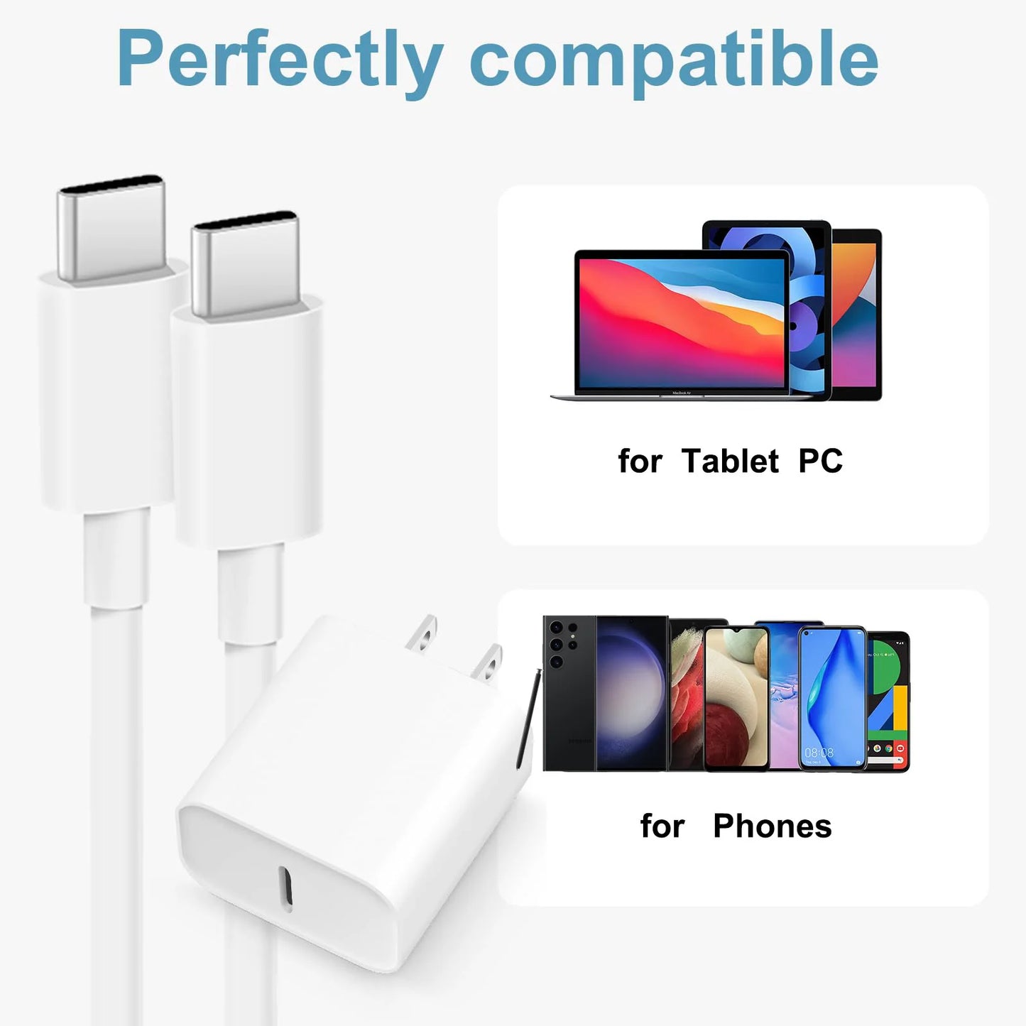 PD 30W Fast Charging Type USB C Charger with C to C Cable Set for iPhone 15 and Samsung Android Phone--3 Pack