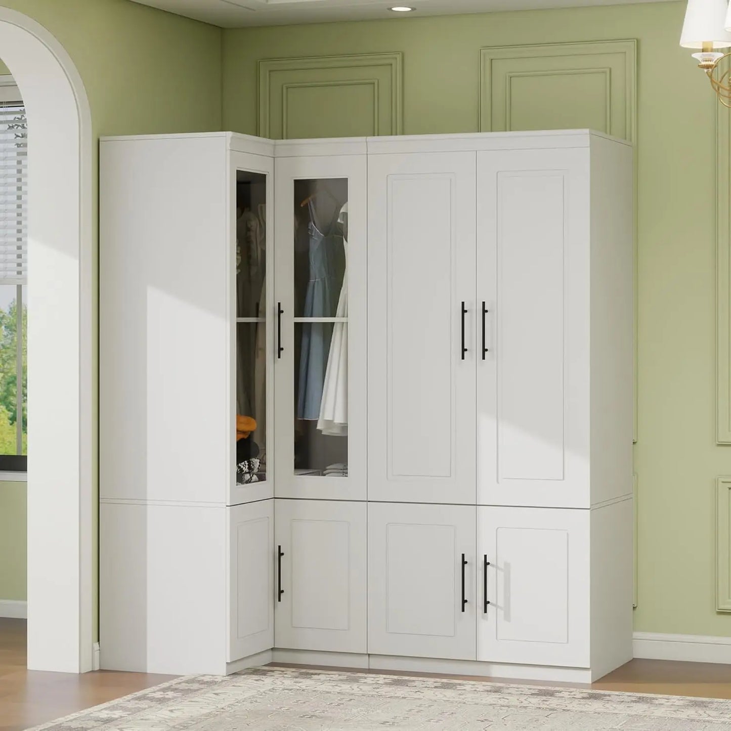 White Wooden Armoire 4 Door 2 Drawer 2 Rod Shelf Bedroom Storage Cabinet, Customized
