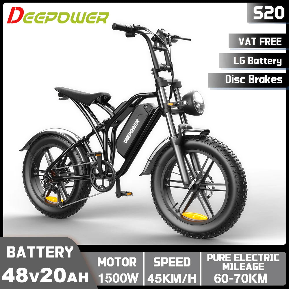 DEEPOWER S20 Off-Road Electric Bike 1500W Motor 48V 25AH LG Battery Adults Mountain LED Display Ebike All-Terrain Motorcycle