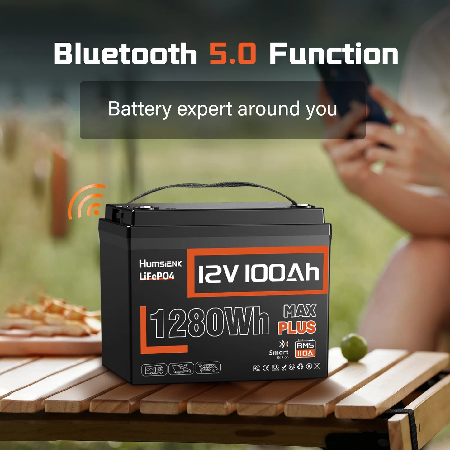 Humsienk 12V 100AH LiFePO4 Lithium Battery With Bluetooth Monitor Battery info 1280Wh For RV, Camper, Golf Cart, Trolling Motor