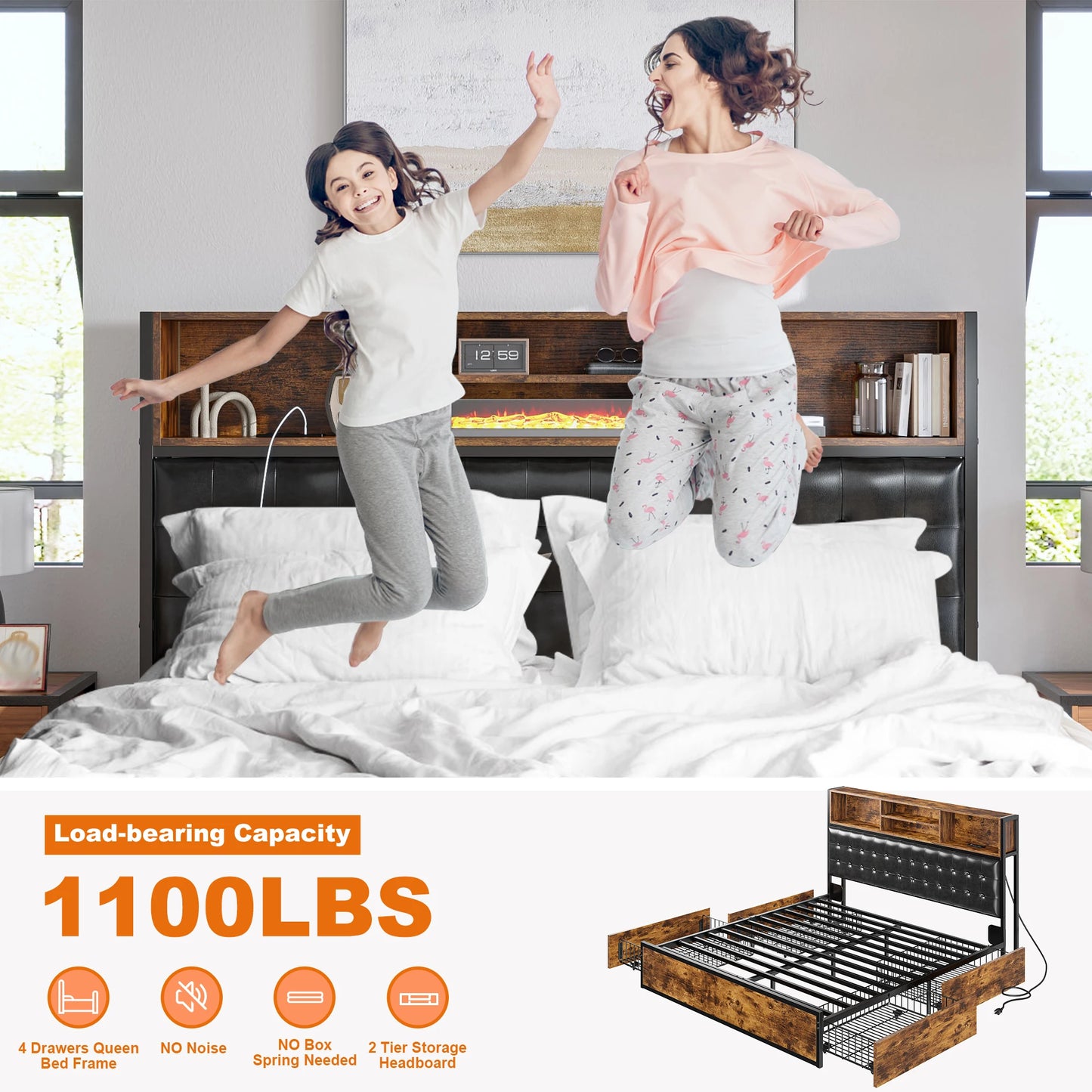 Full/Queen/King Bed Frame with Charging Station and 4 Storage Drawers Platform Bed Frame with Upholstered Headboard No Noise