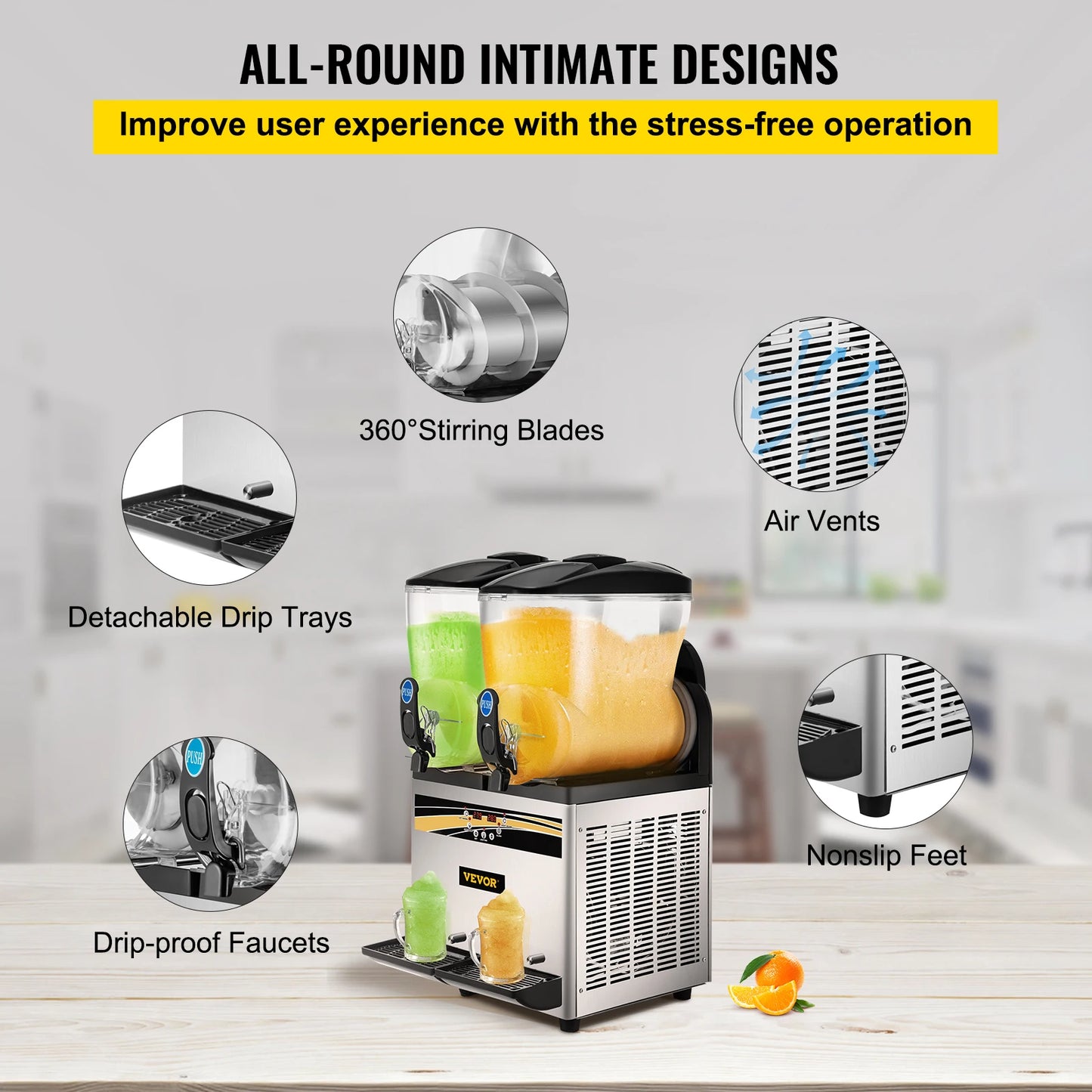 SucceBuy 2x15L Commercial Slushy Machine Tank Margarita Maker 1000W Stainless Steel Smoothie Frozen Drink Maker for Supermarkets