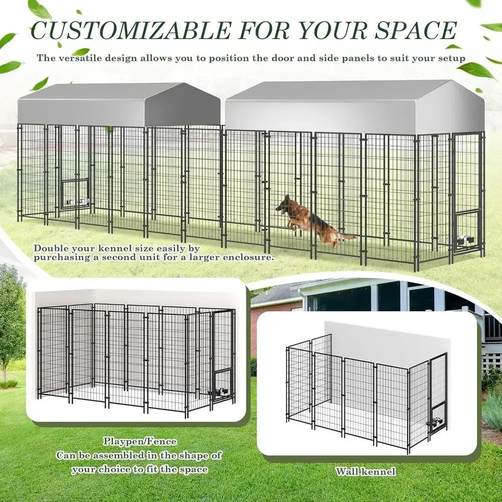 8x4x5.7ft Outdoor Dog Kennel with Waterproof Roof & 2 Rotating Bowls for Large Dogs, Secure Steel Exercise Enclosure