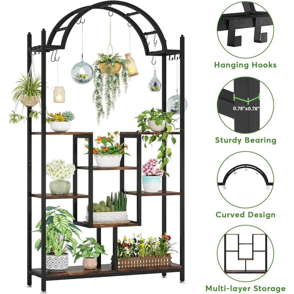 5-Tier Tall Indoor Plant Stand, 74.8'' Arched Metal Flower Shelf with Hanging Hooks, Large Bonsai Pots Display Rack for Indoor