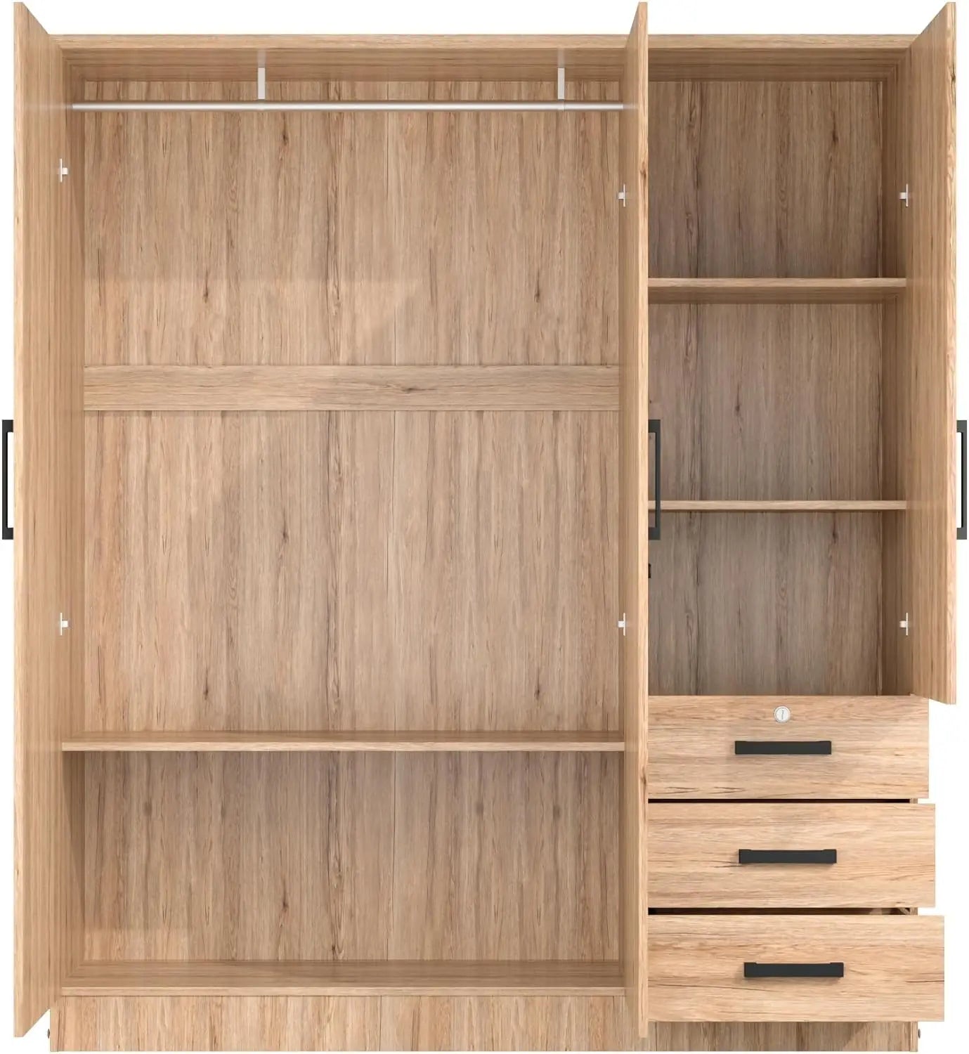 3 Door Wardrobe Closet With Mirror & Drawers Natural Oak Finish, Customized