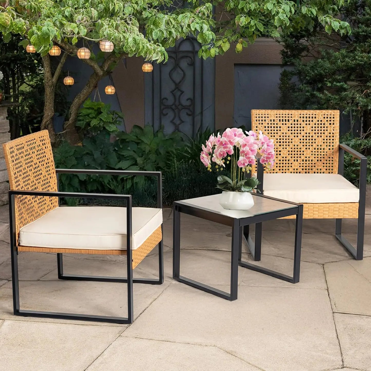 3 Piece Outdoor Wicker Bistro Set, Patio Conversation Sets w/2 Large Rattan Chairs and Tempered Glass Table, Patio Furniture
