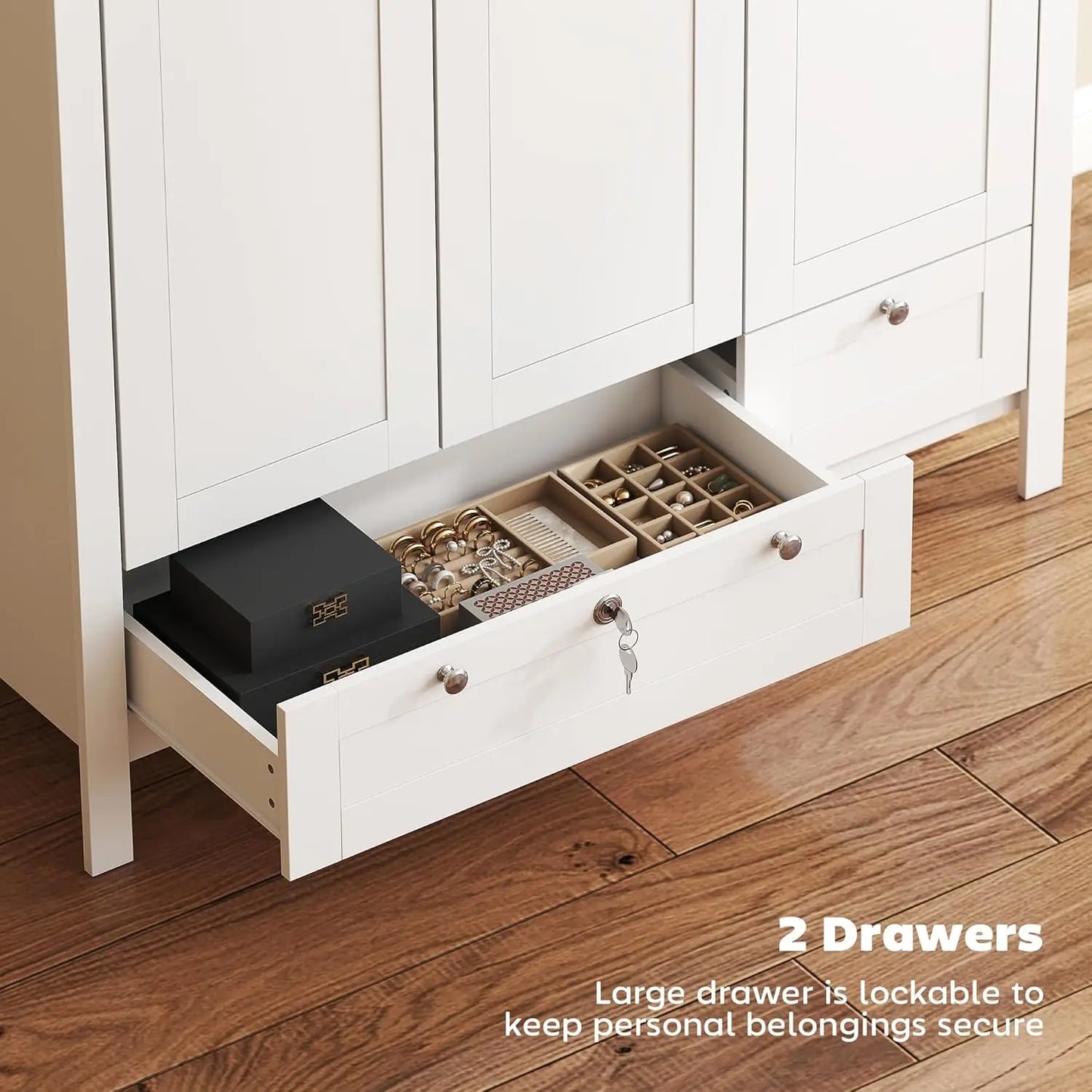 3 Door Armoire Wardrobe Closet with 2 Drawers, 69" Clothing Storage Cabinet with Lockable Large Drawer, Hanging Rod, Customized