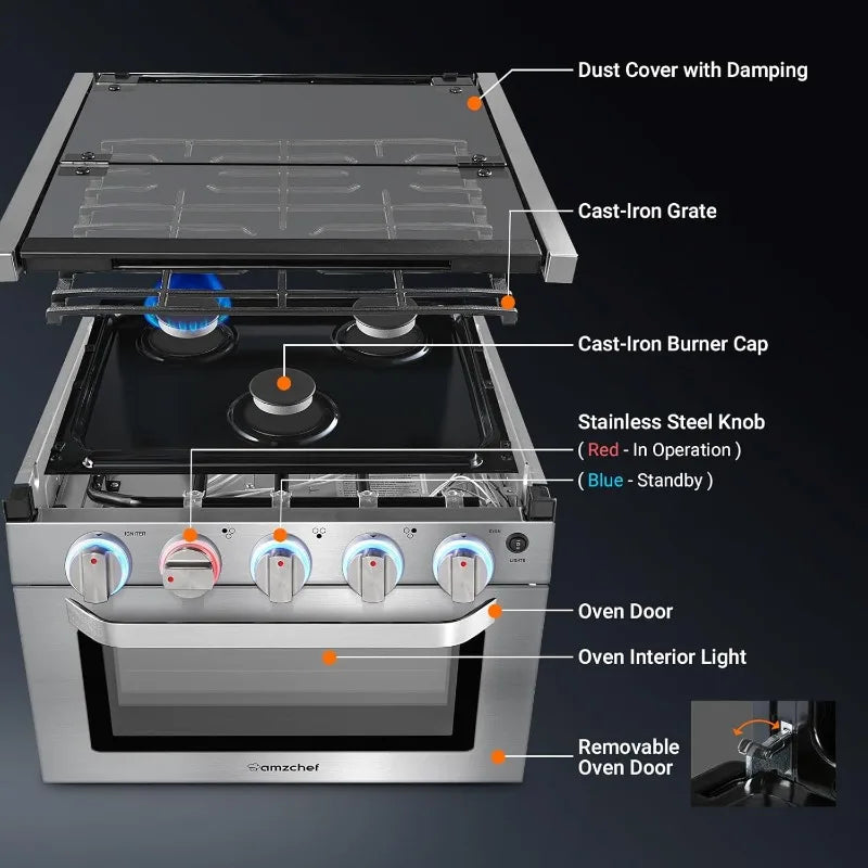 AMZCHEF RV Gas Range 17 Inches Tall, 1.24 Cu.Ft Propane Range Oven with 3 Burners Stove for RV, Apartment, Mobile Home