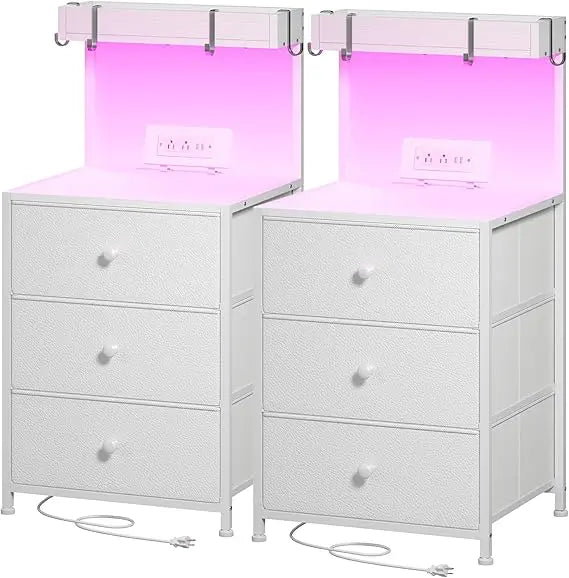 Tall Nightstand Set of 2 with Charging Station and Led Lights Nightstand with 3 Drawers and Shelves Bedside Table with Ports an