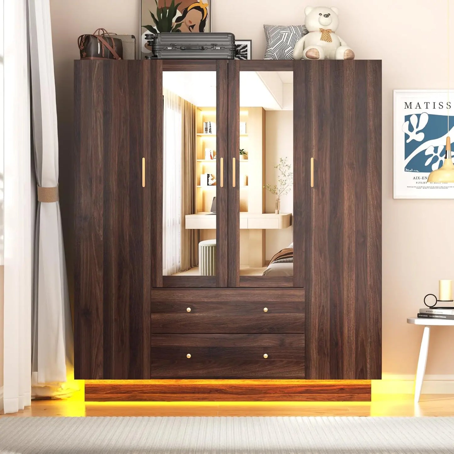 4 Doors Armoire Wardrobe Closet with Mirror, LED Armoire with Doors and Drawers, Wooden Wardrobe Storage Cabinet with Hanging Ro