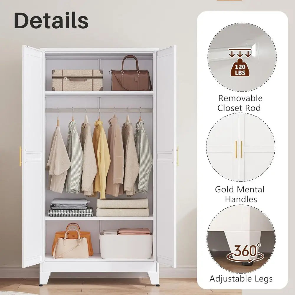 Metal Armoire Wardrobe Closet with 2 Mirror Do, 71" Wardrobe Cabinet with Adjustable Shelves and Hanging Rod, Clothing Storage C