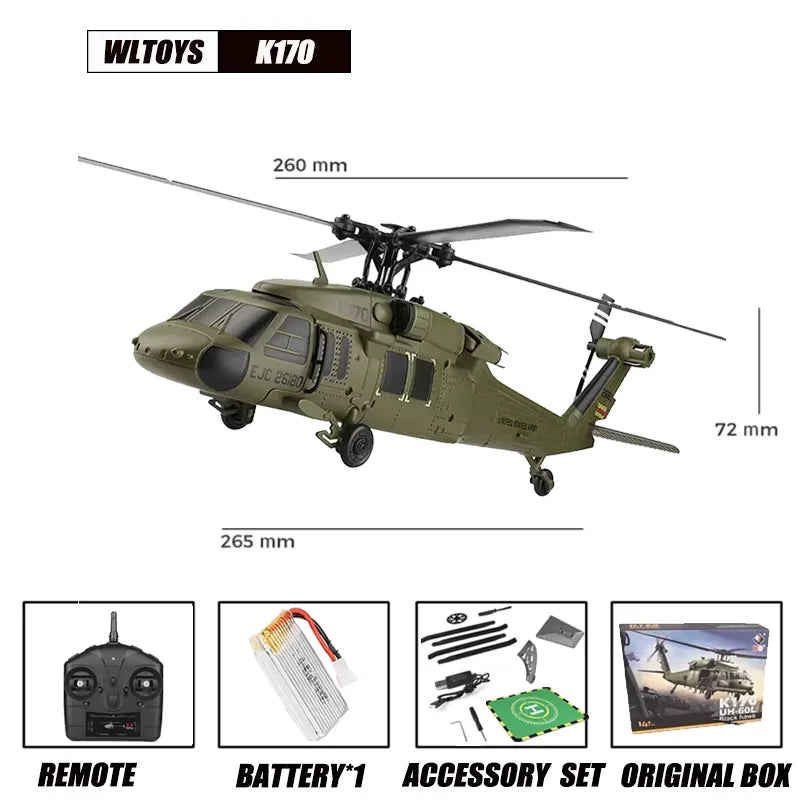 Wltoys K170 RC Helicopter UH-60L 4 Channel Remote Control brushless Helicopters with Gyro and LED Light Durable Airplane Toy