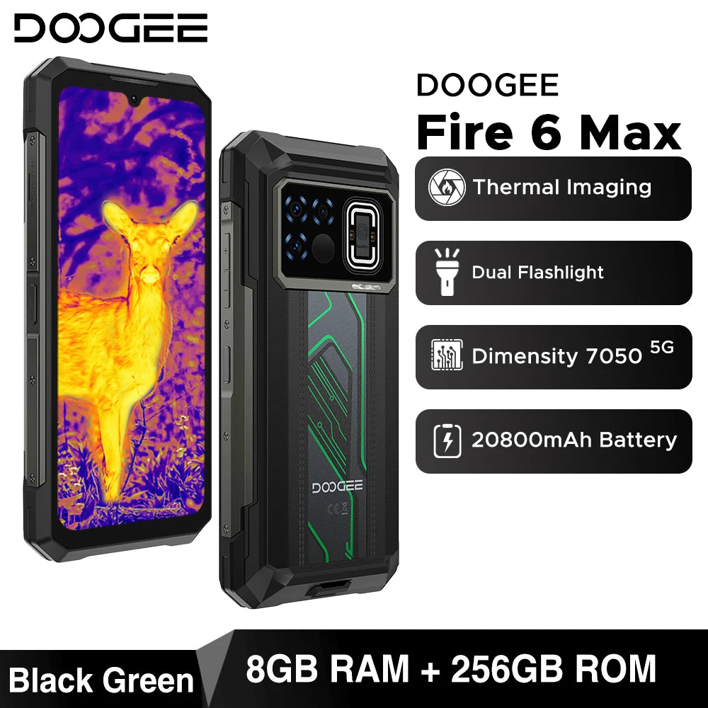 DOOGEE Fire 6 Max 5G Rugged Phone Dimensity 7050 Thermal Imaging 6.72” Dual Flashlight 20800mAh Battery 8GB 256GB Cellphone