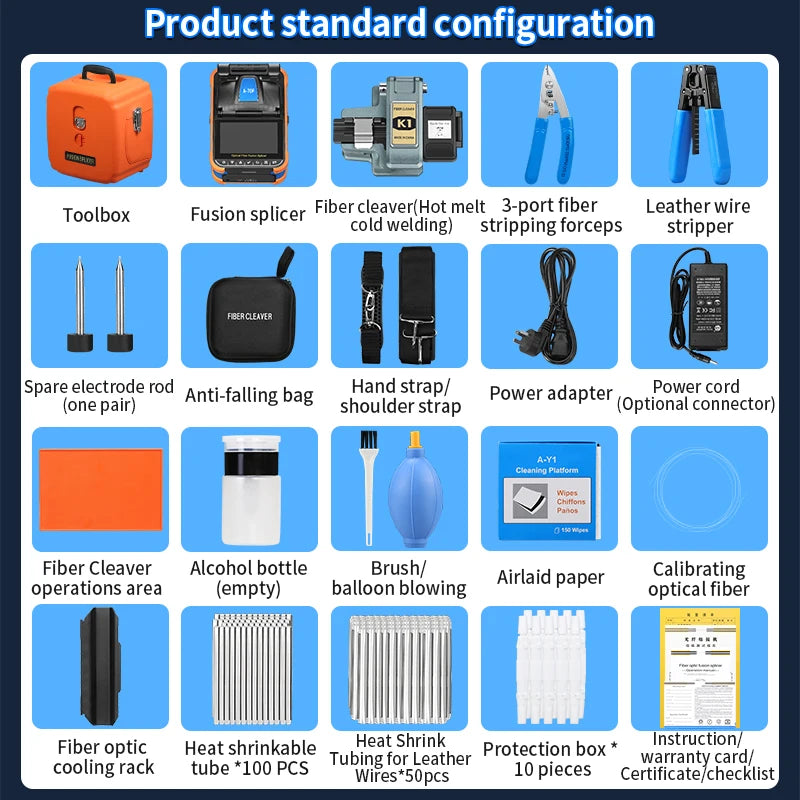 A-70F Six Motors Optical Fiber Fusion Splicer SM MM 10 Languages Touch Screen Fiber Optic Core Welding Machine Built in VFL OPM