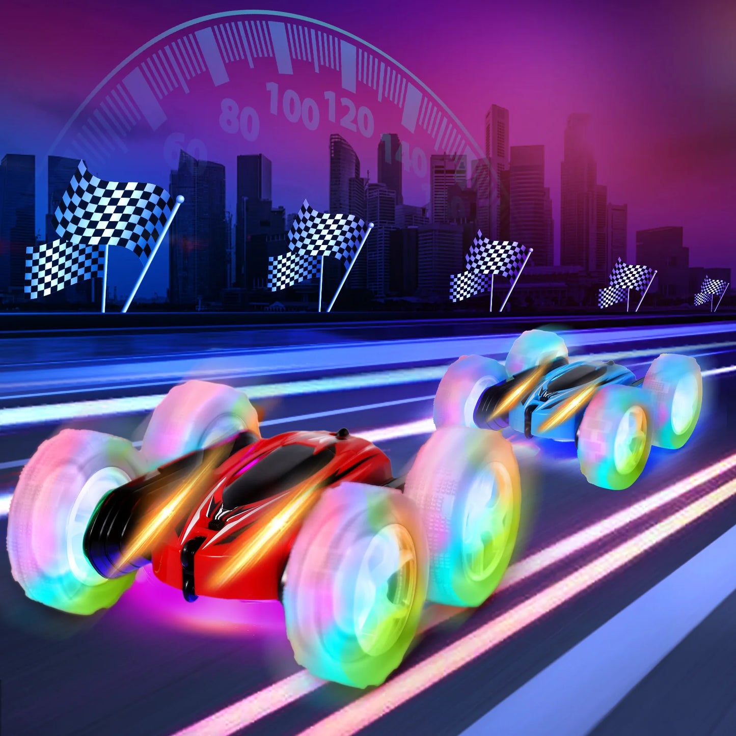 3 Pack Remote Control Car Toys for Kids, 2.4GHz RC Stunt Cars with Wheel Lights, Drift High Speed 4WD Off Road Double Sided 360°