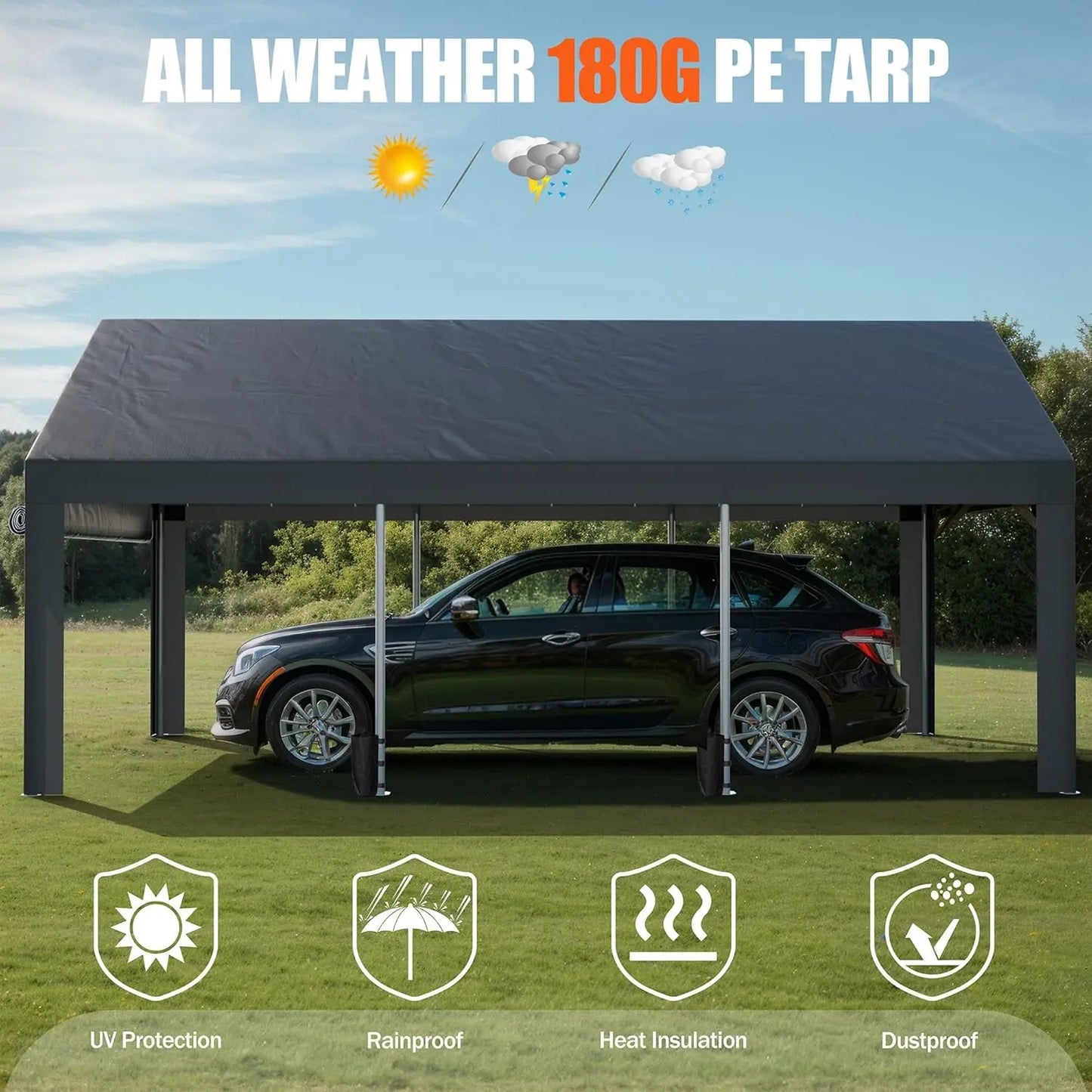12x20 ft Heavy Duty Carport with Roll-up Windows, Portable Garage with Removable Sidewalls & Doors, Car Canopy with Sandbags
