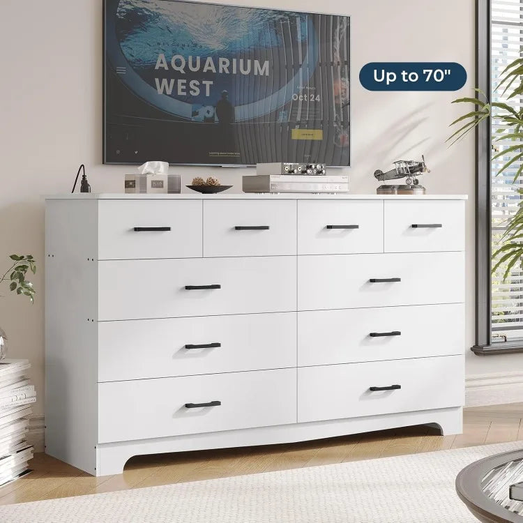 White Dresser for Bedroom with 10 Drawers, Large Chest of Drawers Storage Organizer, Long Dresser TV Stand with Power Out