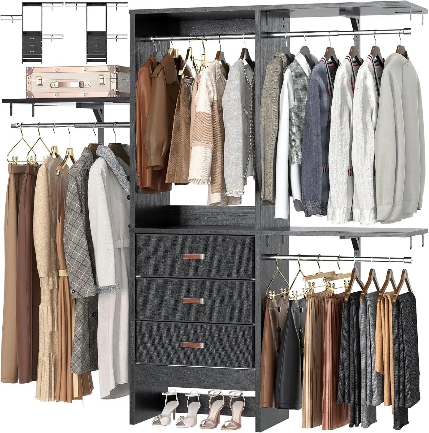 5FT Small Closet System, 60" Walk-In Closet Organization System, Adjustable Shelves, 59"L X 16"W X 71"H, White