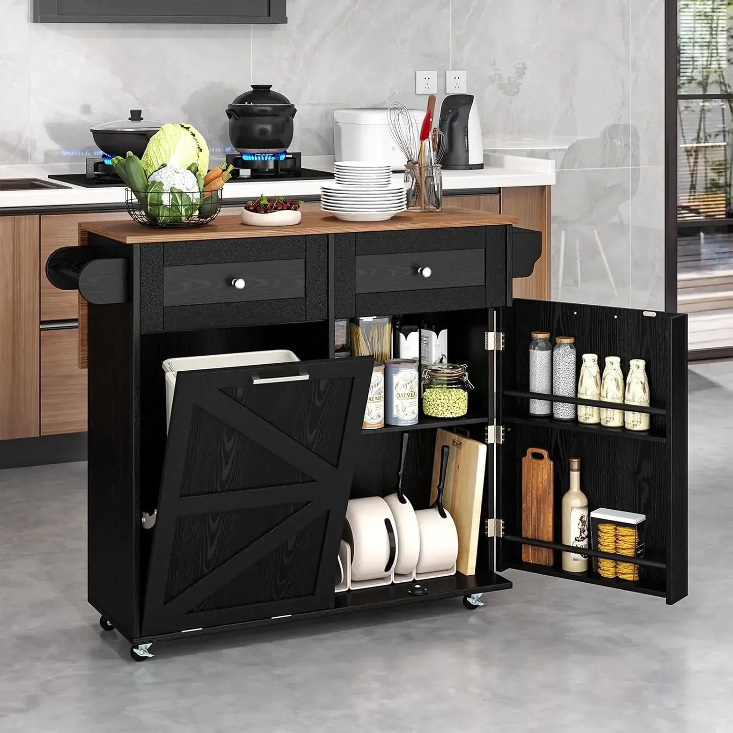 Rolling Kitchen Island with Trash Can Storage Cabinet, Drop Leaf Breakfast Bar Table, Towel Holder, 2 Drawers & Door Racks