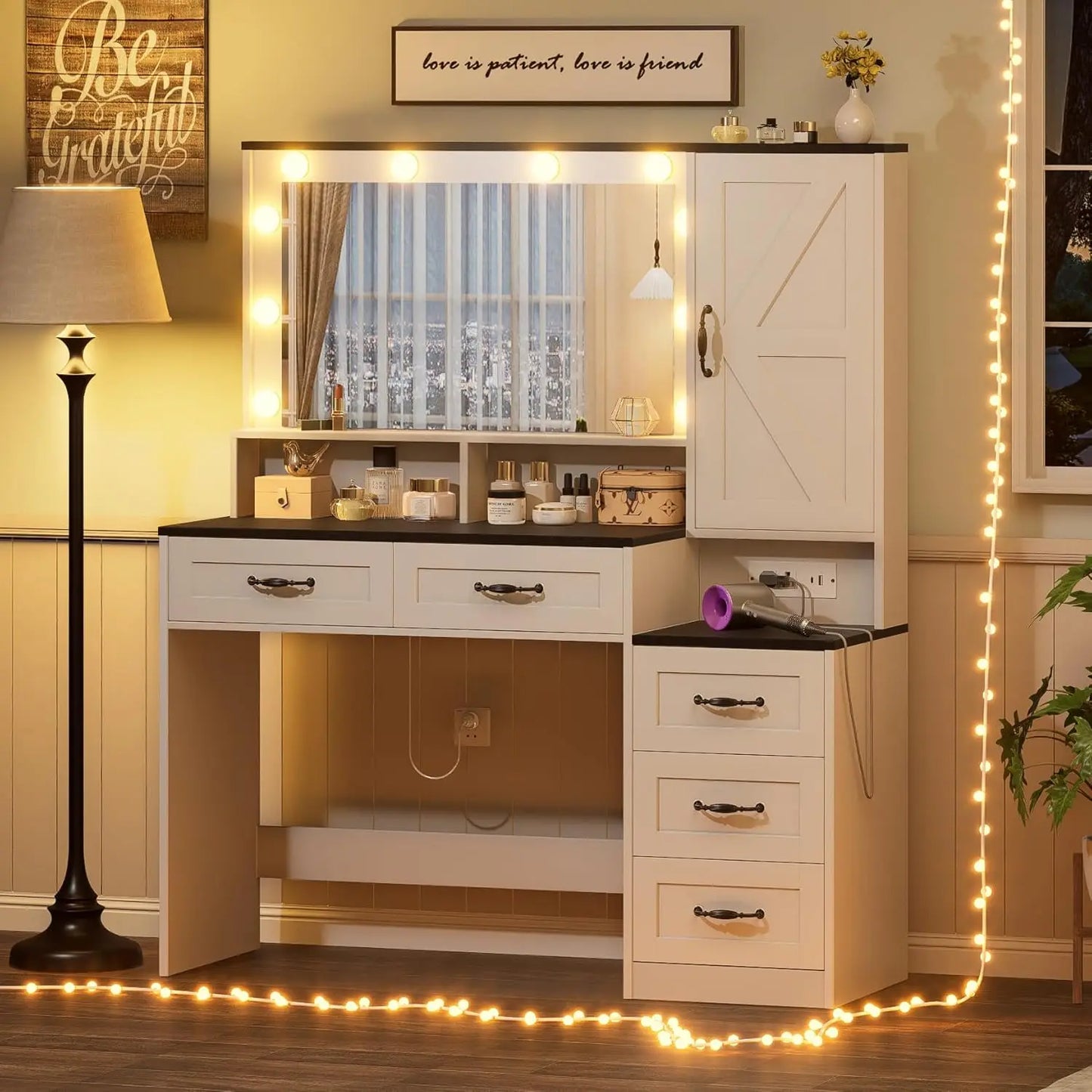 Vanity Desk with Large Mirror, Lights & Power Outlet, Black Makeup Vanity with 9 Drawers & Shelf Storage, Customized