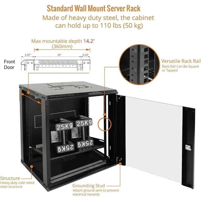 Tool 12U Wall Mount Server Cabinet IT Network Rack Enclosure Lockable Door and Side Panels Black,Cooling Fan,Glass Door