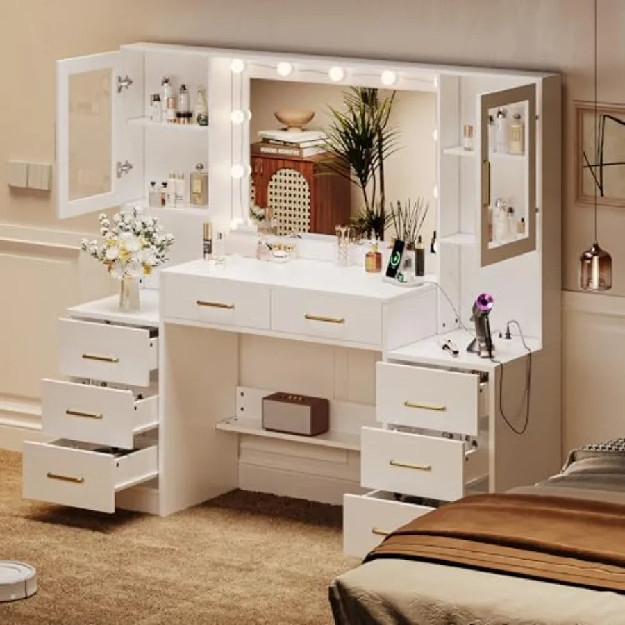 White 58 Makeup Vanity Desk with Lighted Mirror 3 Lighting Modes Charging Station 8 Drawers 2 Cabinets Ample Storage Modern Dre