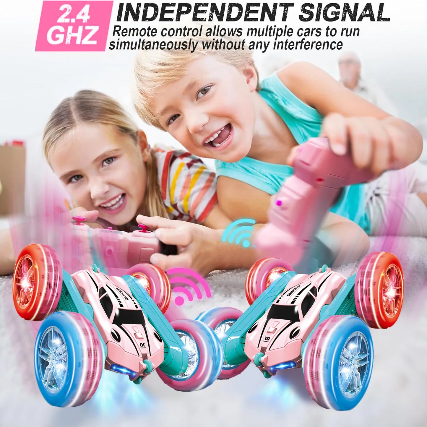 Remote Control Car - Girl Pink Remote Control Car -2.4G Double sided 360 ° Rotation - Car Toy with Lights - Girl Birthday Gift