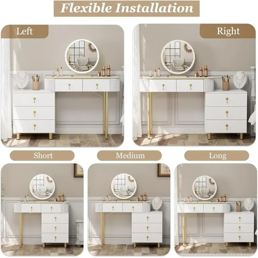 Makeup Vanity Desk with LED Mirror, 3-Color Lights, 5 Drawers, Adjustable for Bedroom and Bathroom, White