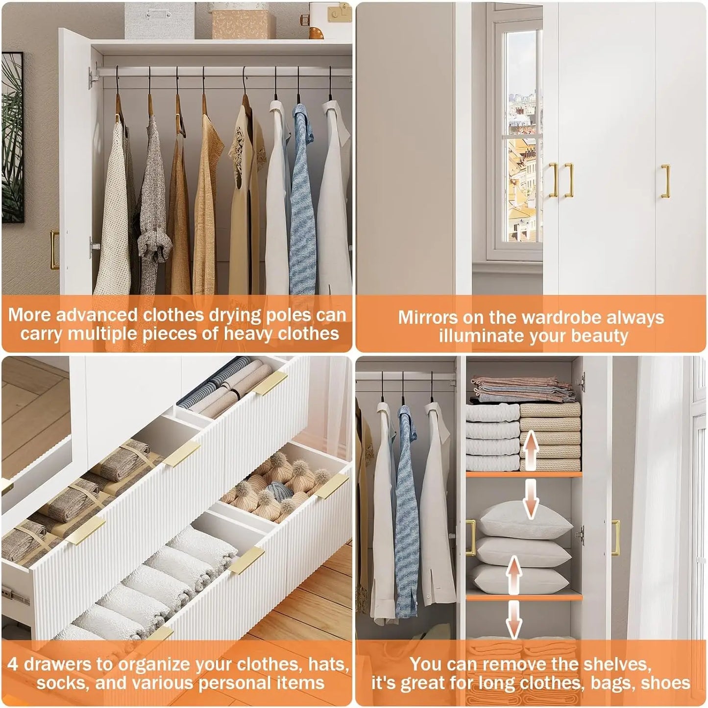 Armoire Wardrobe Closet with 3 Door, Bedroom Armoires with Mirror and LED Lights, Hanging Rod, Drawers, Large Capacity Storage W