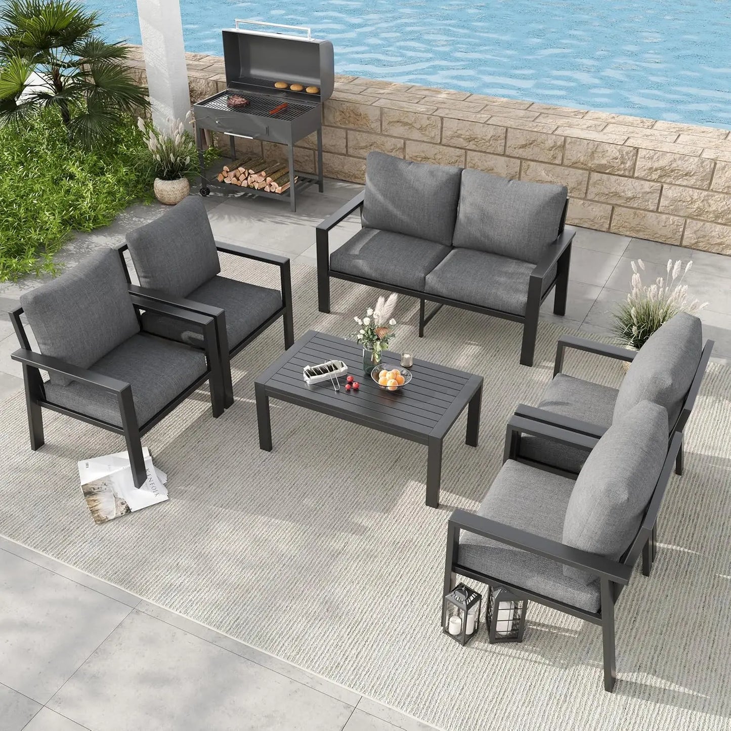 Aluminum Patio Conversation Set 6 Pieces Metal Deck Outdoor Furniture 6-Seat All-Weather Rust-Proof Sectional Sofa Set, Custom