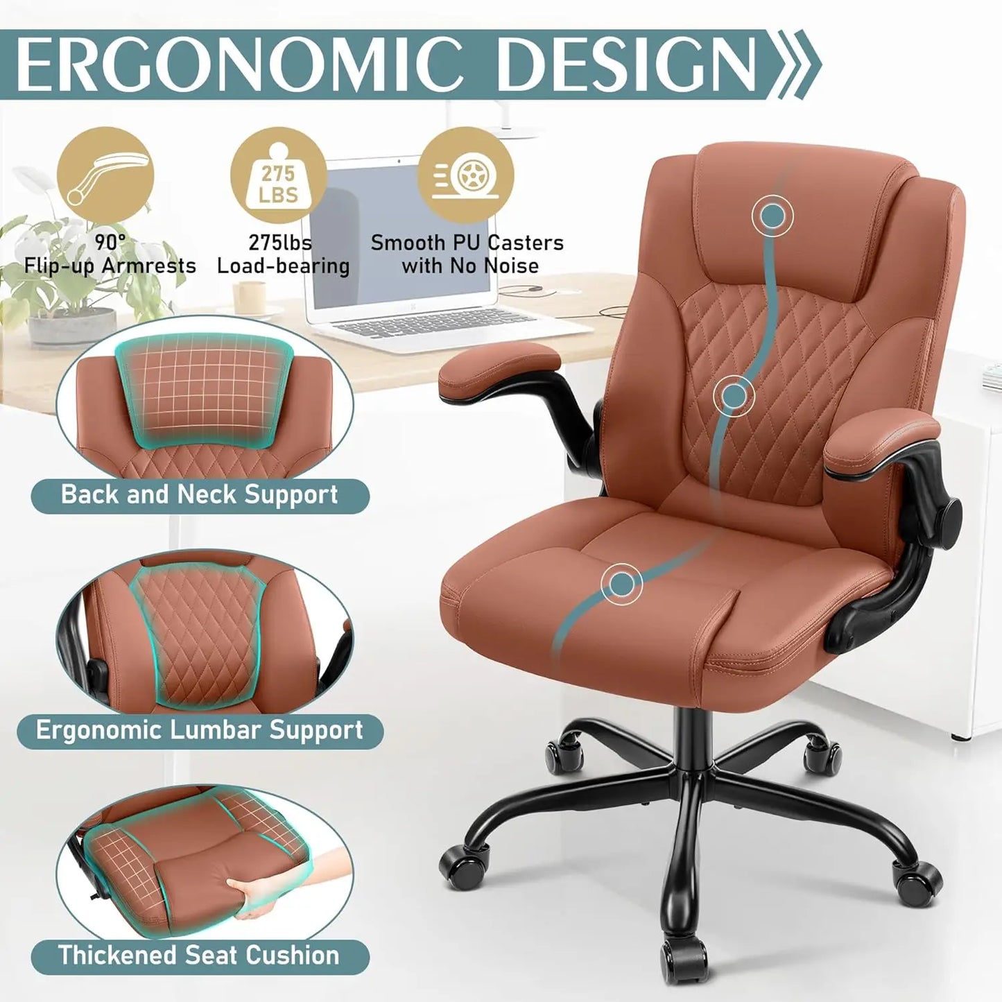 Brown PU Chair for Short People: Compact Ergonomic Office & Gaming w/ Adjustable Arms, 360° Swivel