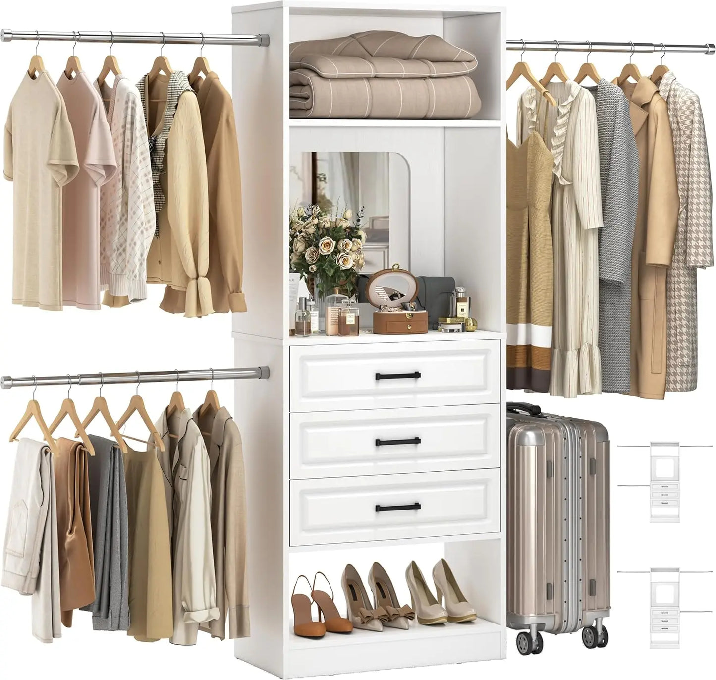 48" W - 96” W Closet System with Mirror, 8FT Walk in Closet Organizer Kits with Drawers and 3 Extendable Hanging Rod,