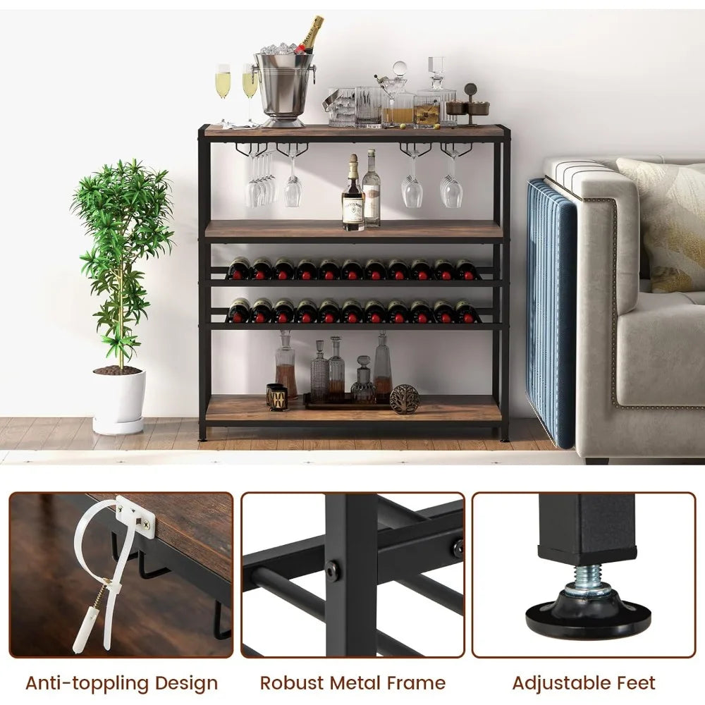 Industrial Wine Rack Table, Wine Bar Cabinet with 2-Tier Wine Rack, 4 Row Glass Holder and Storage Shelves