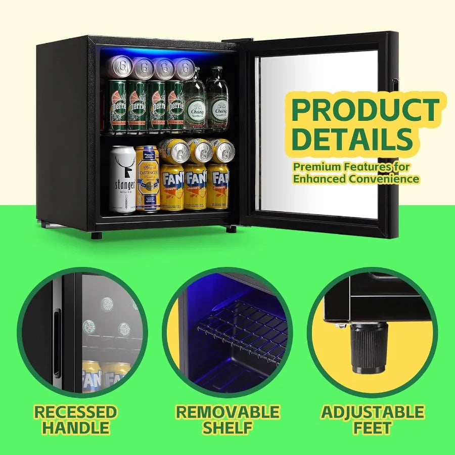 Beverage Refrigerator Cooler 1.6 Cu.Ft Freestanding Beer Fridge with Glass Door LED Light and Adjustable Shelf for Soda or Wine