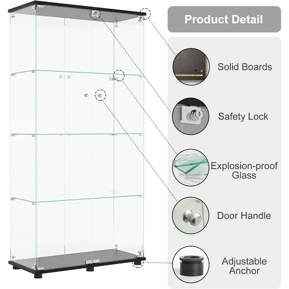 Glass Display Cabinet with 4-Shelf Double Doors and Lock, Curio Cabinet 5mm Tempered Glass Floor Standing Bookshelf for Living R