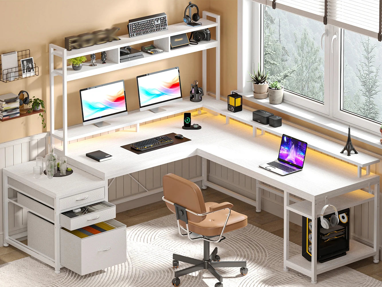 EnHomee L Shaped Computer Desk with Power Outlet & Monitor Stand & LED Gaming Desk with Hutch Drawers for Living, Gaming Room