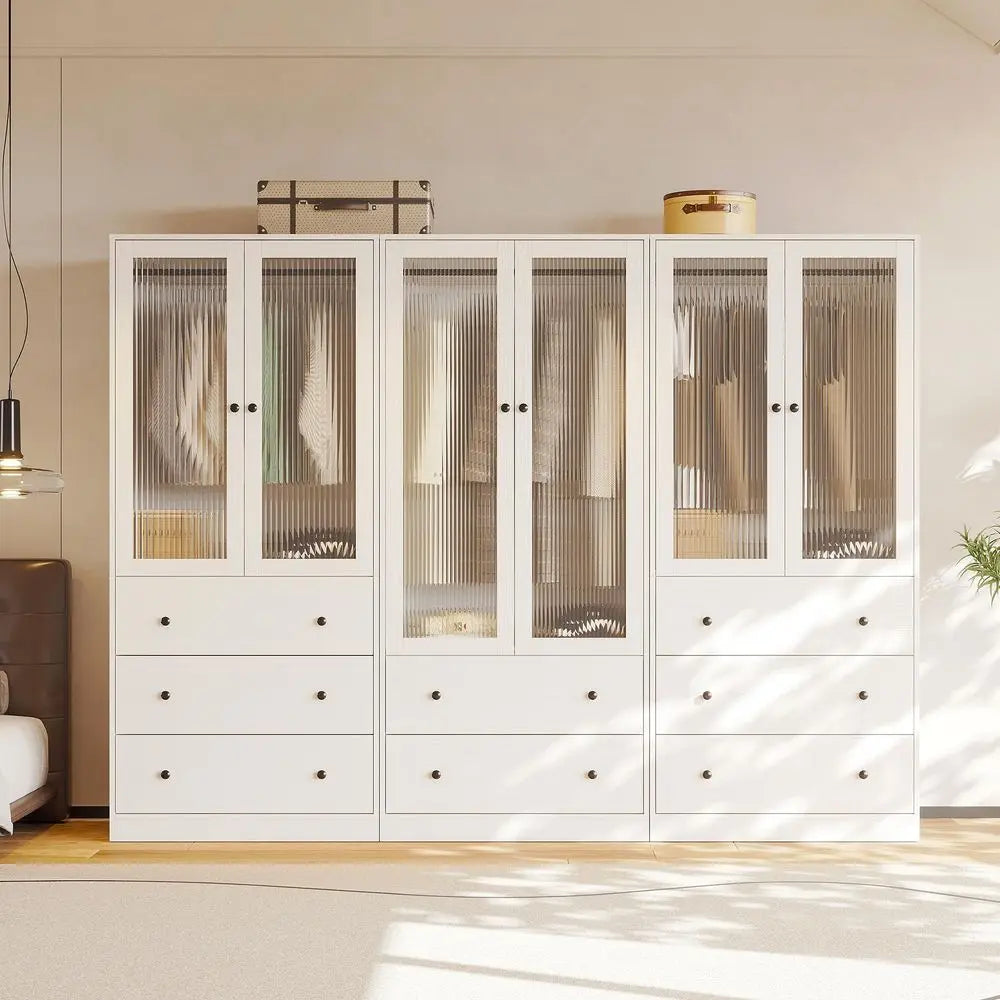 20D Armoire Wardrobe Closet with Fluted Glass, 71 H Clothing Storage Cabinet with Hanging Rod, 4 SoftClose Doors Wooden Wardrob