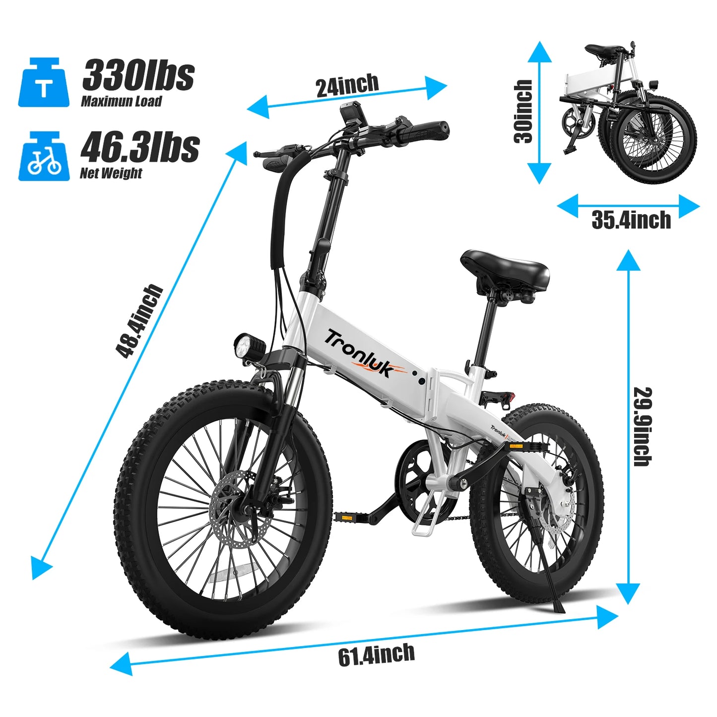 20-inch Fold 720W Peak Motor Electric Bike 20 Mile Range 20MPH 48V 12AH Max Load 330 LBS Front and Rear Disc Brakes LED Display