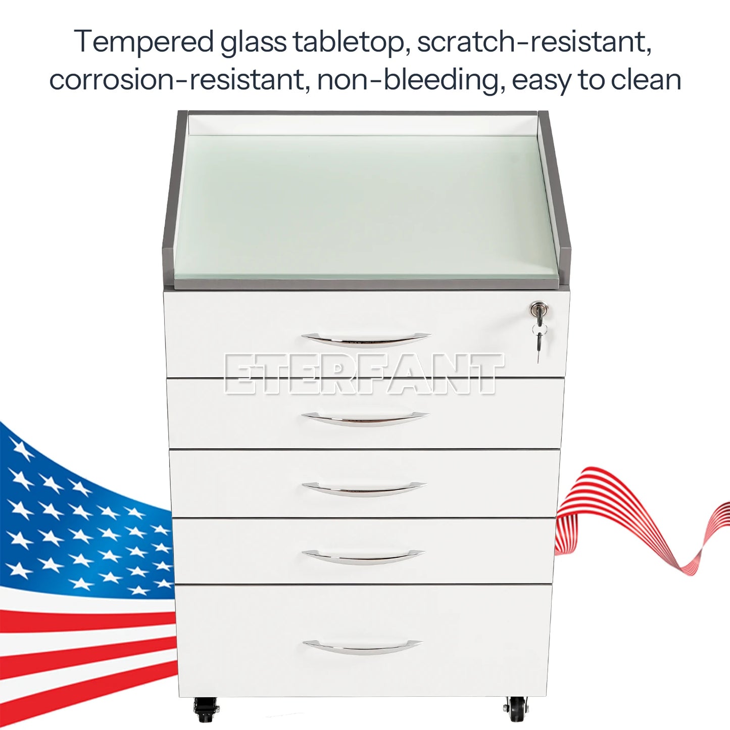 ETERFANT Dental Cabinet Rolling Medical Trolley Mobile Wooden Cart with Socket 5 Drawers Tempered Glass Tabletop Engineered Wood