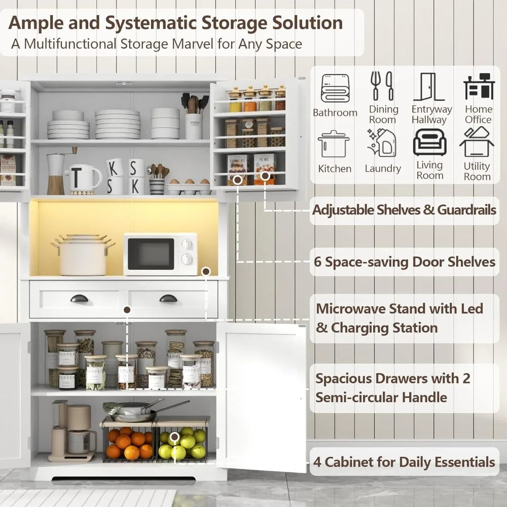 72" Farmhouse Kitchen Pantry Cabinet With LED, Operation Table & Power Outlet, Tall Storage With Drawer, Adjustable Shelves for