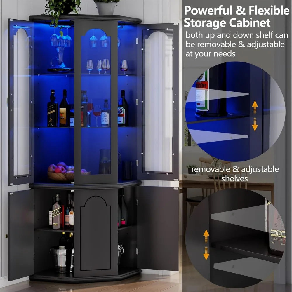 Corner Bar Cabinet w/LED Lights, Tall Modern Wine Cabinet with Tempered Glass Door & Adjustable Shelves, Home Bar Liquor Storage
