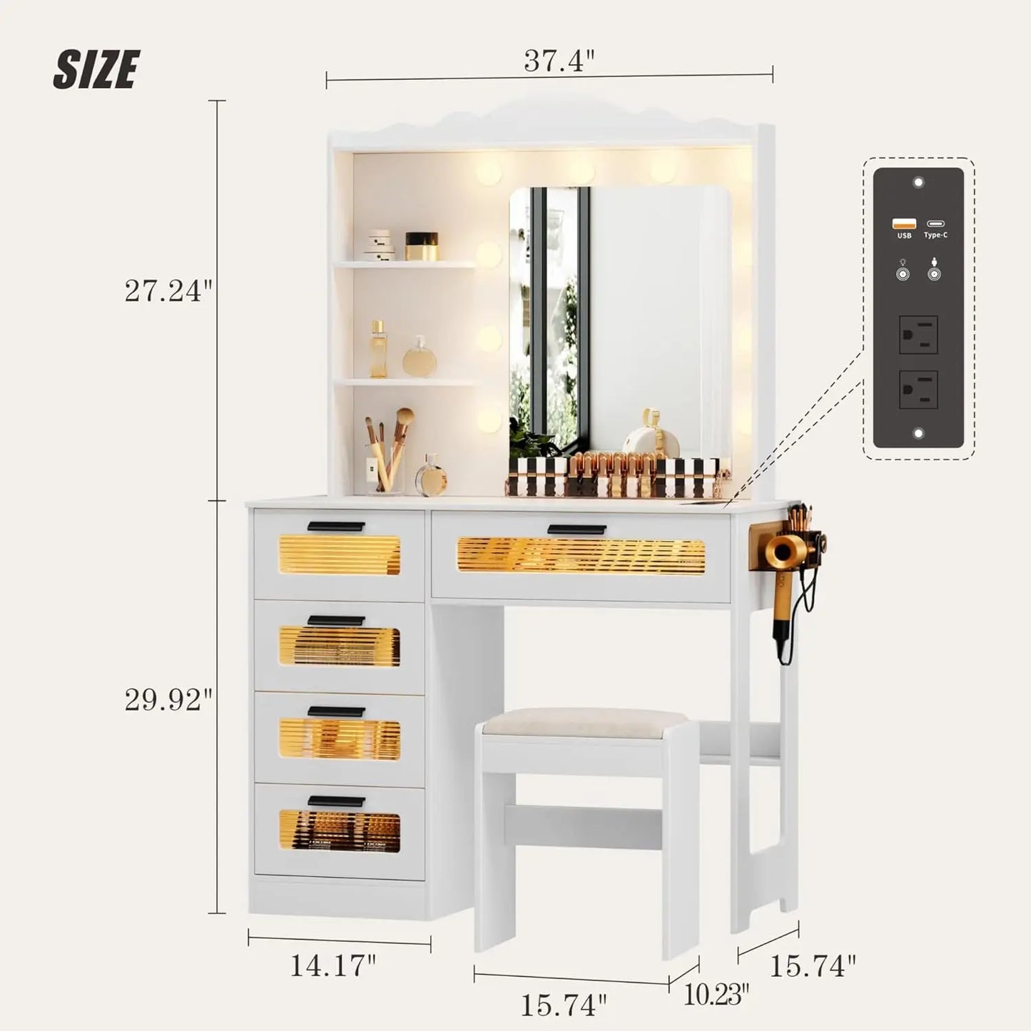 Makeup Vanity Desk with Mirror and Lights,Vanity Table with 5 Drawers&2 Shelves,Vanity Set for Bedroom,Dressing, Customized