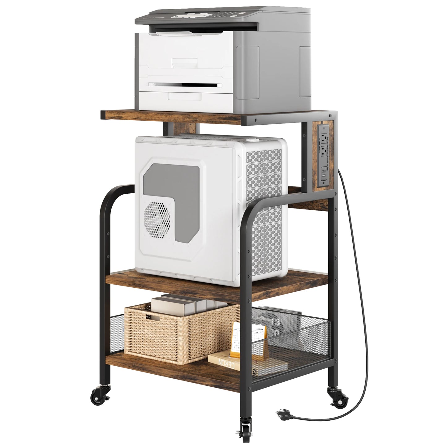3-Tier Mobile Printer Stand Adjustable Storage Shelf with Charging Station 360° Rotating Wheels Sofa End Table for Home Office