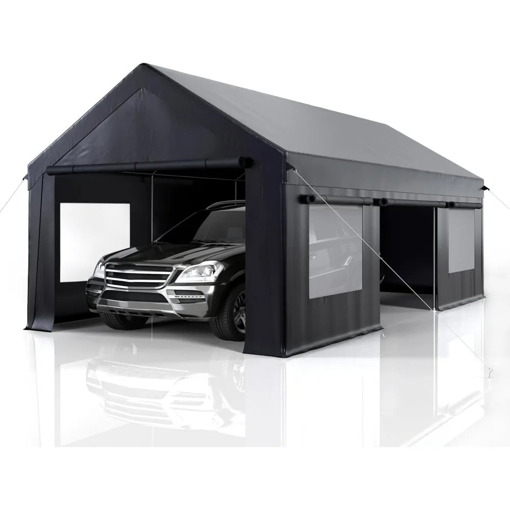 Carport 12' x 20' Heavy Duty Portable Garage, Carport Canopy with Side-Opening Door & Roll-Up Windows, Car Canopy Reinforced Fou